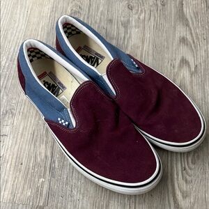 Vans Men's Burgundy and Blue Slip-On Sneakers
